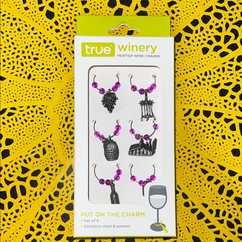 True & Co. Stainless Steel & Pewter Wine Charms with Pink Beads